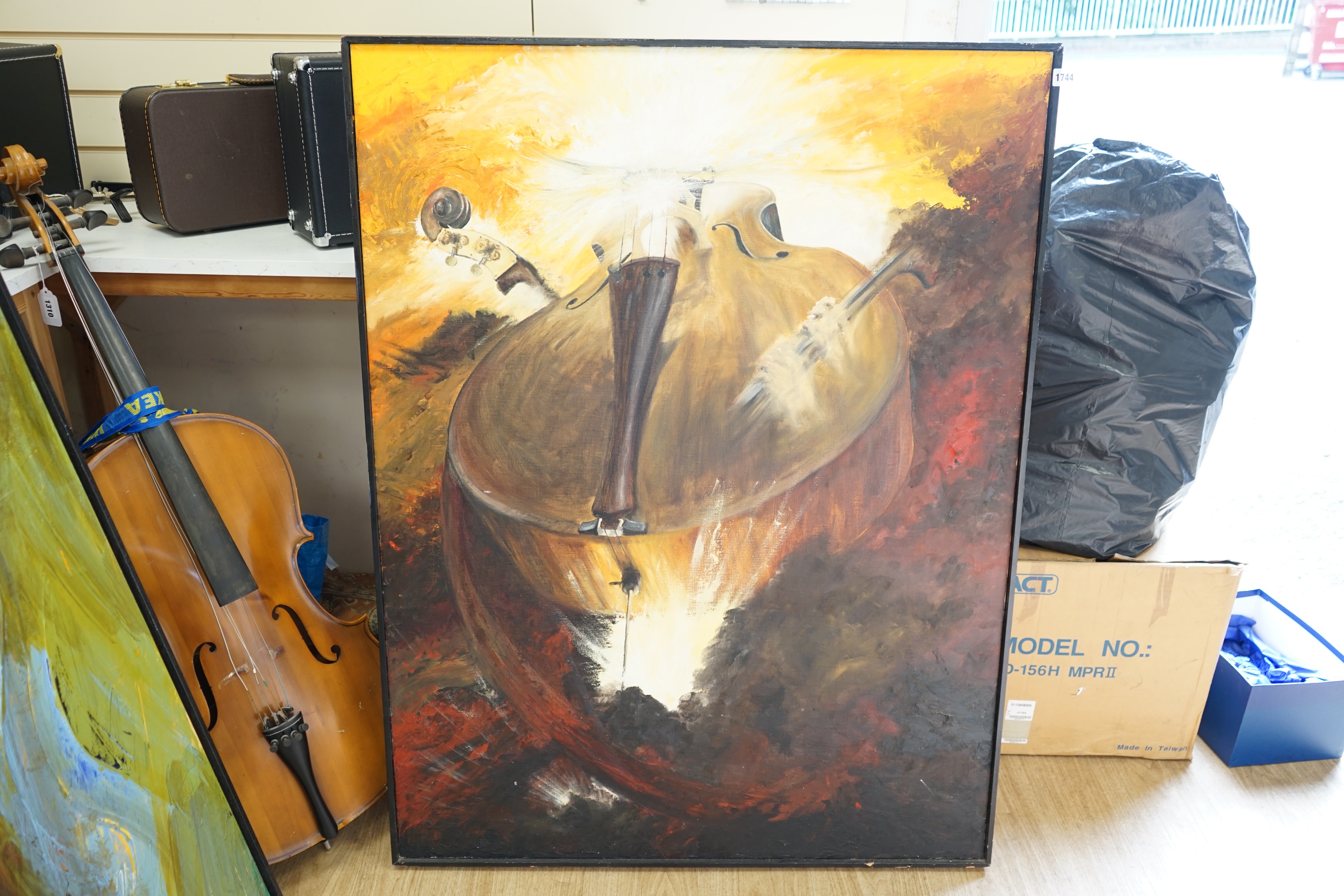 A Contemporary oil on board, Study of a double bass, unsigned, 122 x 93cm. Condition - good